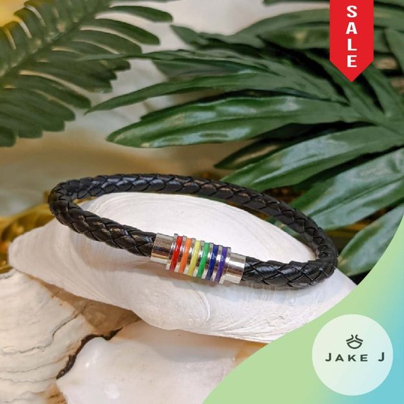 🍑Gay Pride Rainbow LGBTQ Braided Black Leather Magnetic Closure Bracelet - Picture 1 of 9